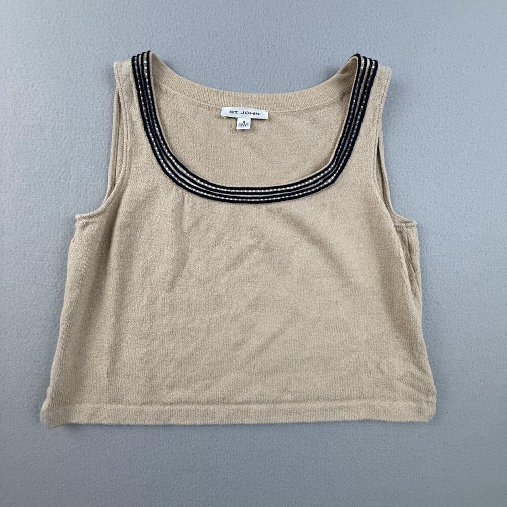 St John Tank Top Women's Medium Beige Knit Embellished Scoop Neck Sleeveless USA